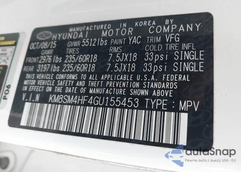 2016 Hyundai Santa Fe Se z USA, uszkodzony, nr VIN KM8SM4HF4GU155453